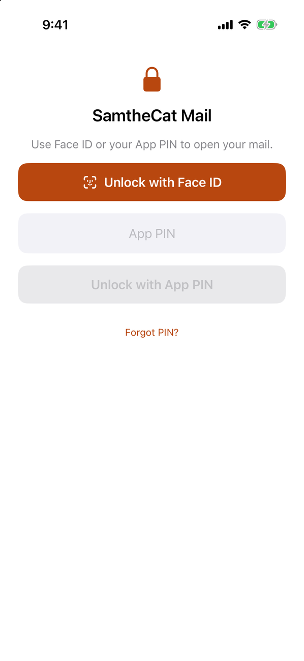 SamtheCat Mail App Lock screen asking for Face ID or App PIN