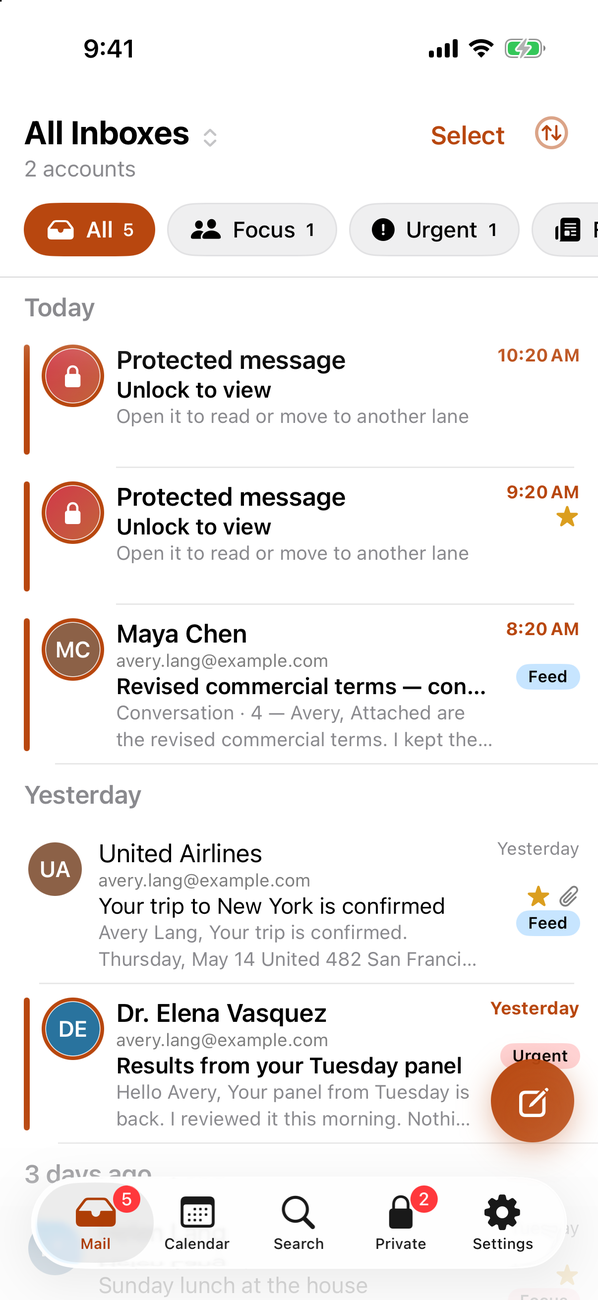 All Inboxes with protected messages shown as Unlock to view