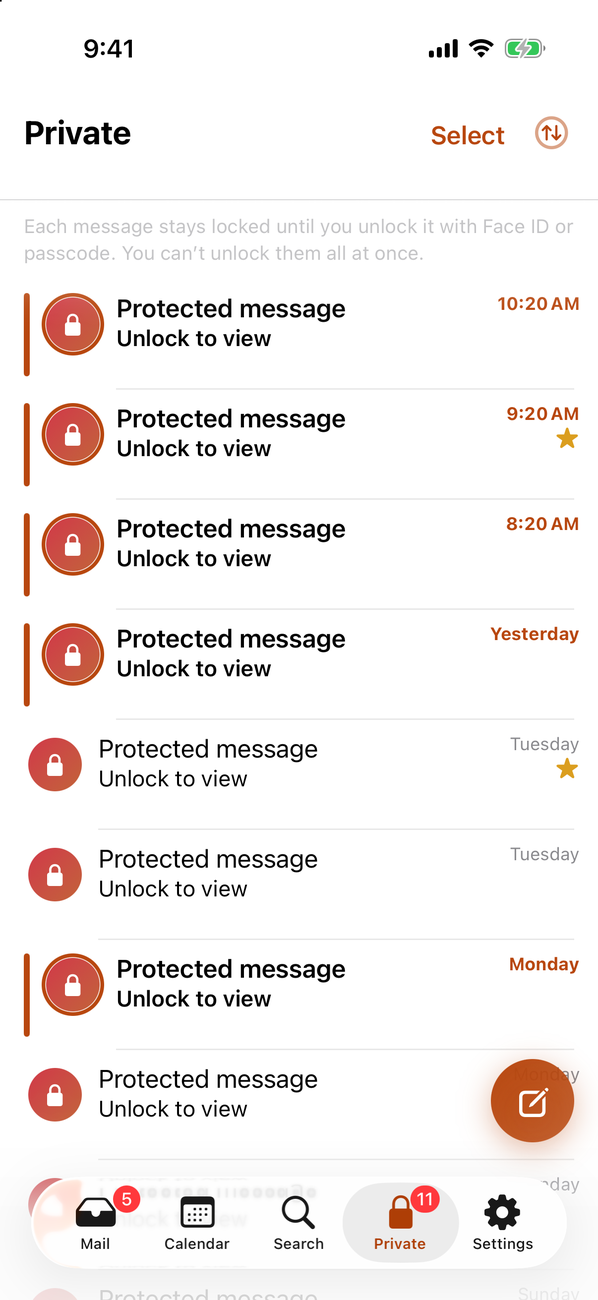 The Private tab listing protected messages